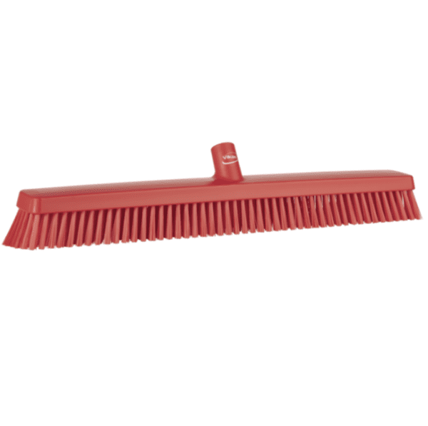 Red plastic broom with bristles.